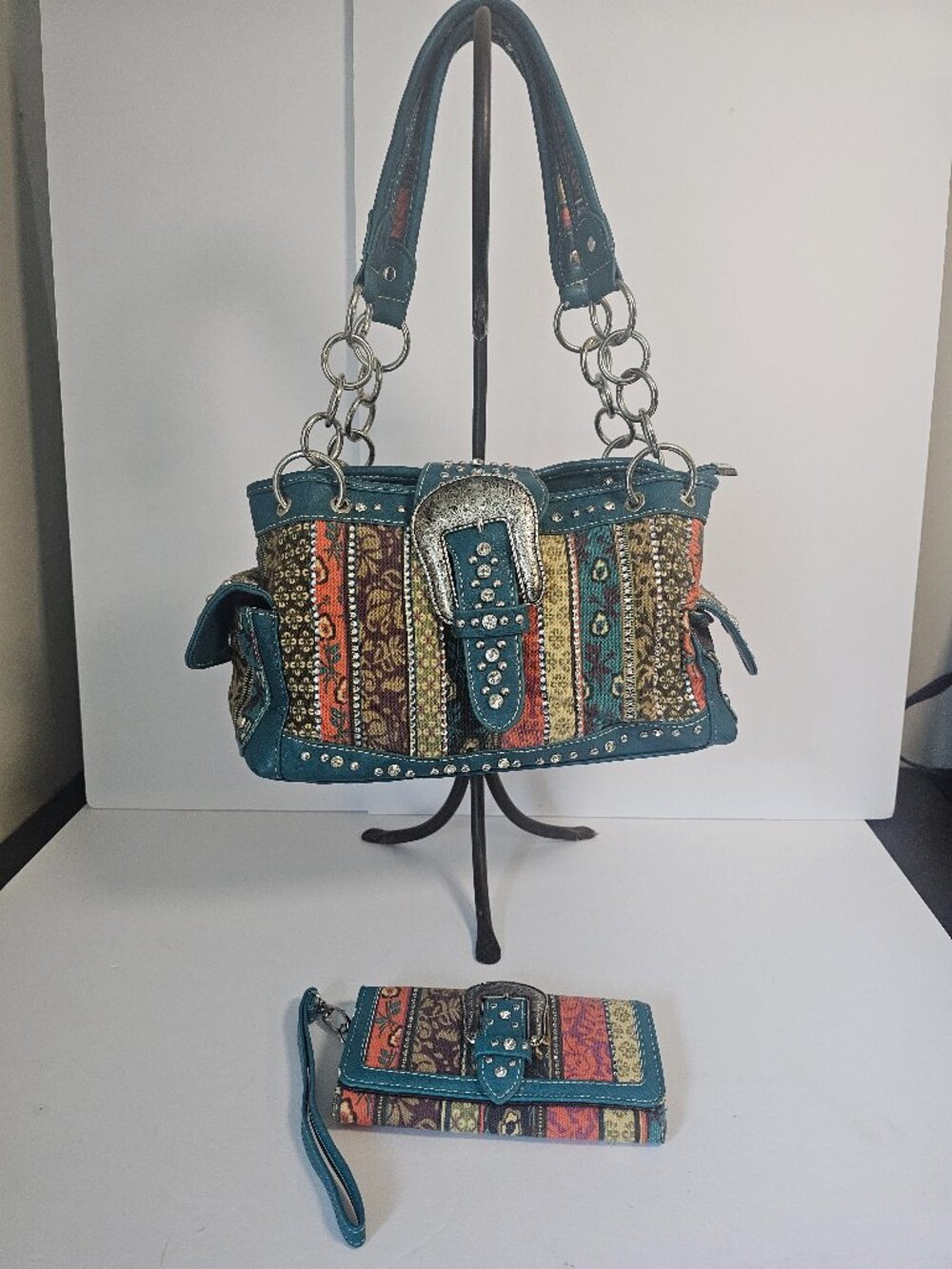 Montana West Bag Wristlet Set Western Boho Blue Bling Blue